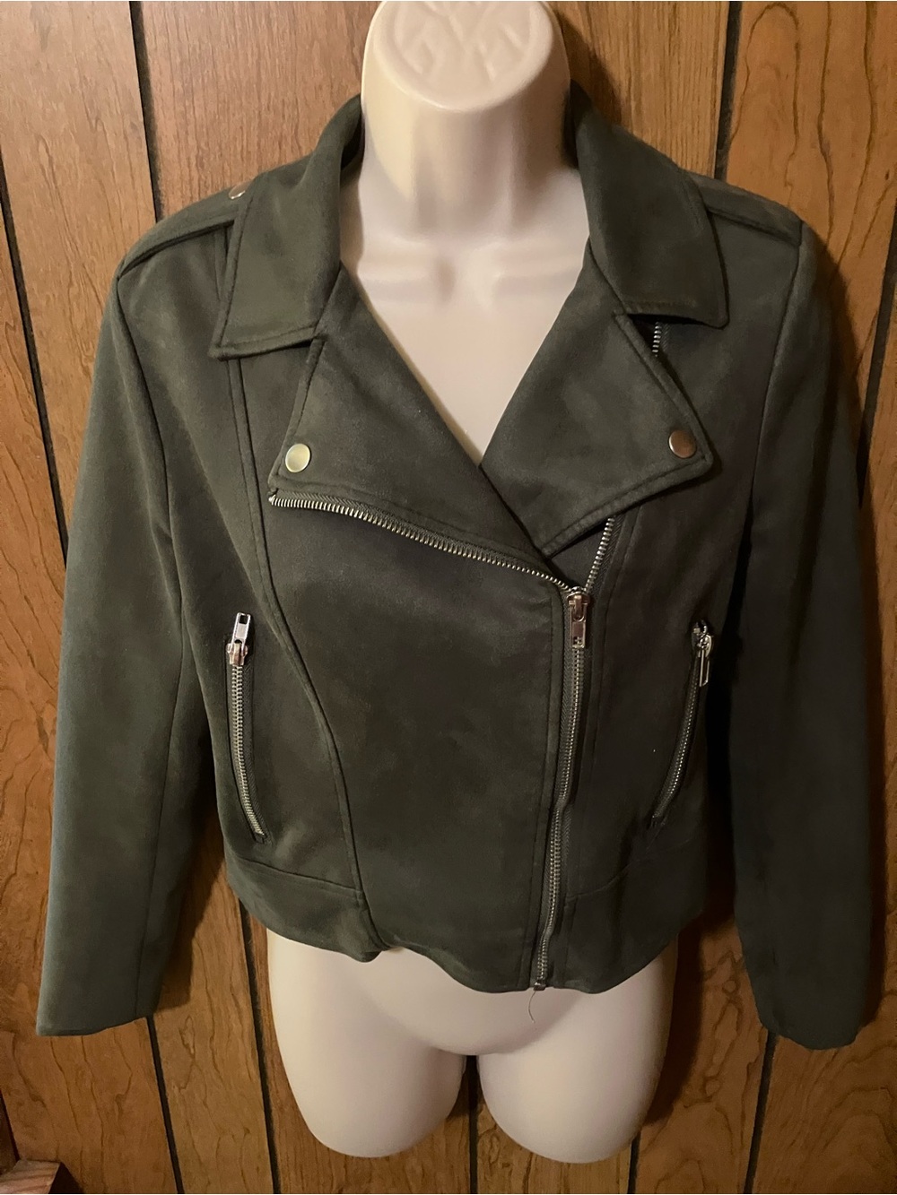 Olive Faux Suede Moto Jacket - Women's XS